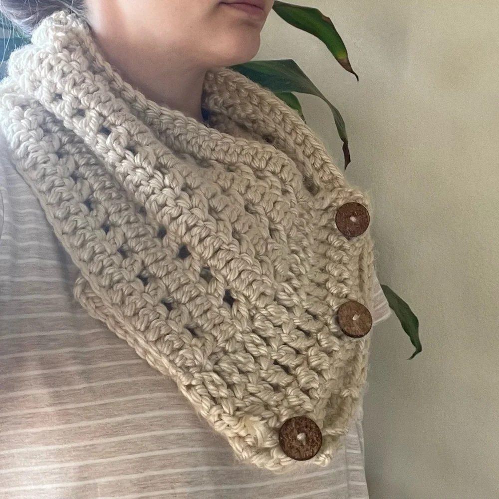 Chunky Knit Beige Cowl Scarf Three Button Hand Knit Boho Hygge Scandi Girl